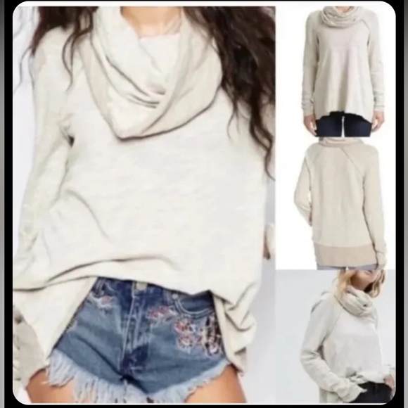 Free People Tops - Free People Beach size XS/S Oversized Tan Cocoon cowlneck pullover long sleeve